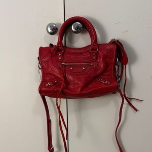 Balenciaga Red Leather Satchel with Silver Accents